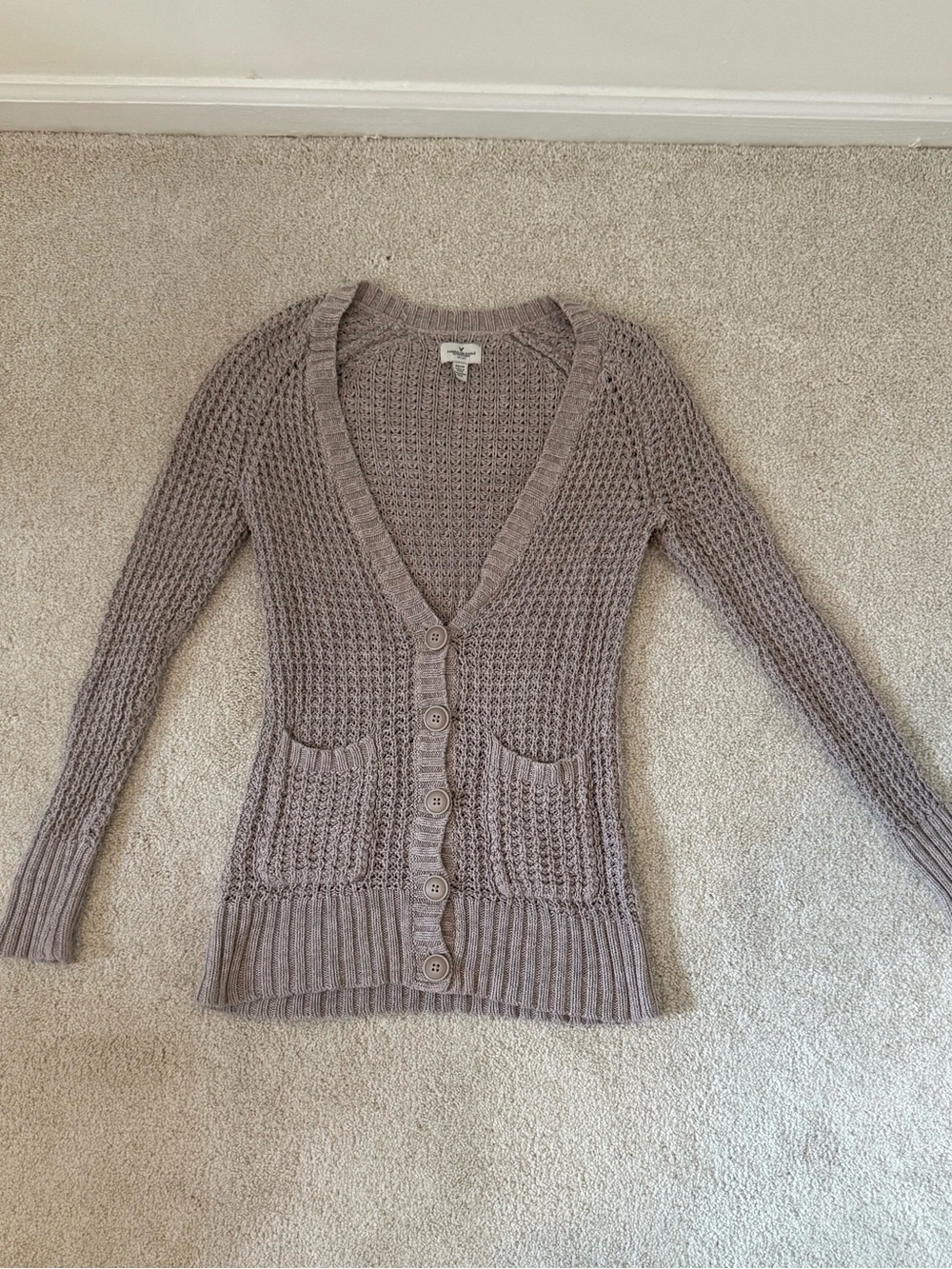 American Eagle Outfitters Taupe Knit V-Neck Button Cardigan